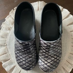 Sanita clogs.   Black, white and gray pattern.   Size 40
